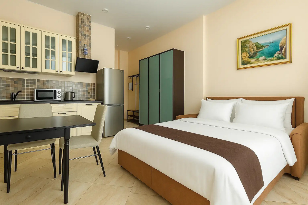 Квартира для 4х гостей в минуте от моря с оборудованной кухонной зоной и просторным душем