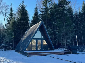 Дом А-фрейм с банным чаном у леса